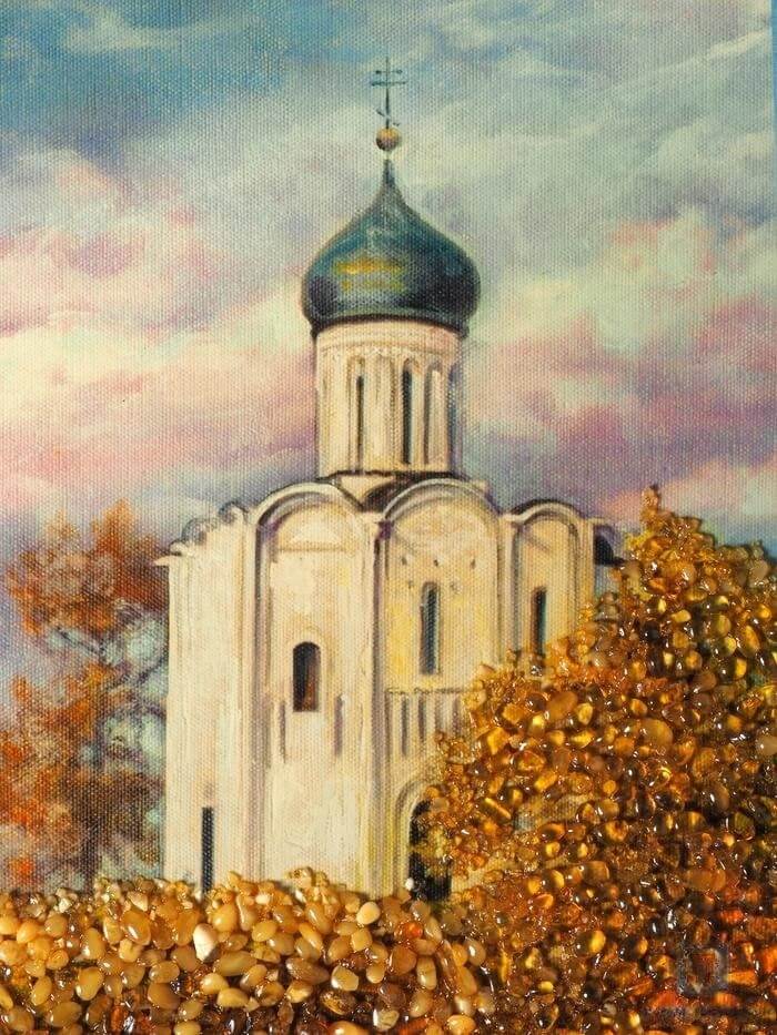 Картина с янтарём «Церковь у реки»